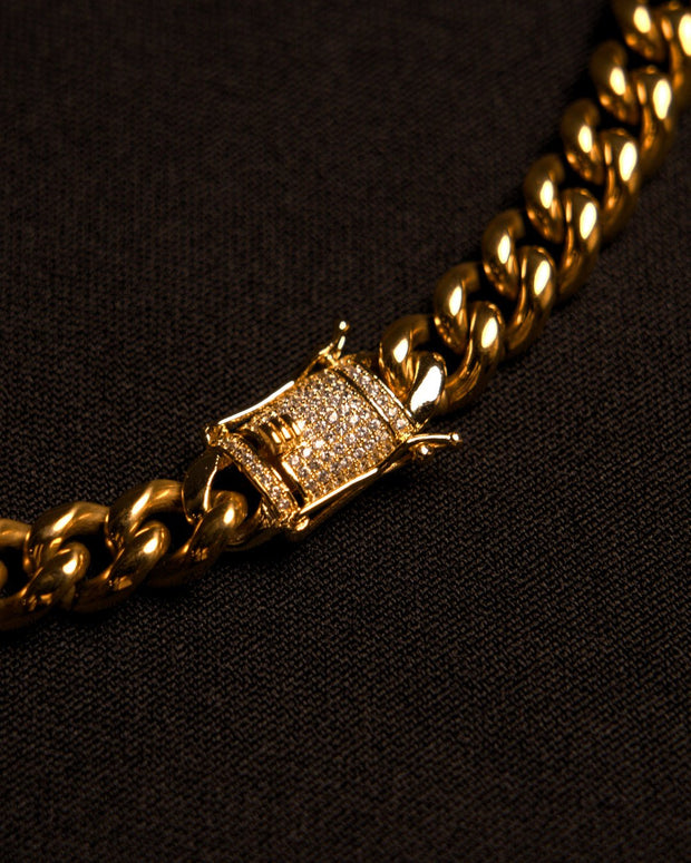 Cierre con circonias de la cadena cubana Miami de 10 mm en oro laminado 18K